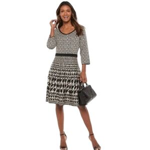 Nina Leonard Women's Houndstooth Fit & Flare Sweater Dress 3/4 sleeves Size S